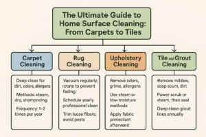 Home surface cleaning diagram for carpets, rugs, tiles, and upholstery