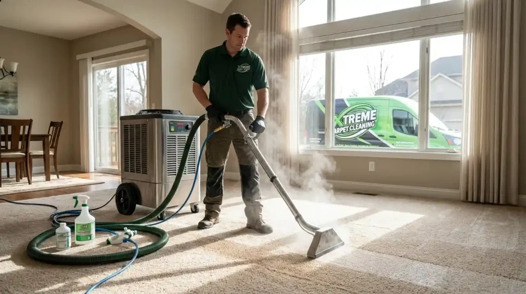 Apartment Turnover Cleaning in Maryland: A Property Manager's Guide 1 Carpet-cleaning technician using an extraction wand in a furnished room